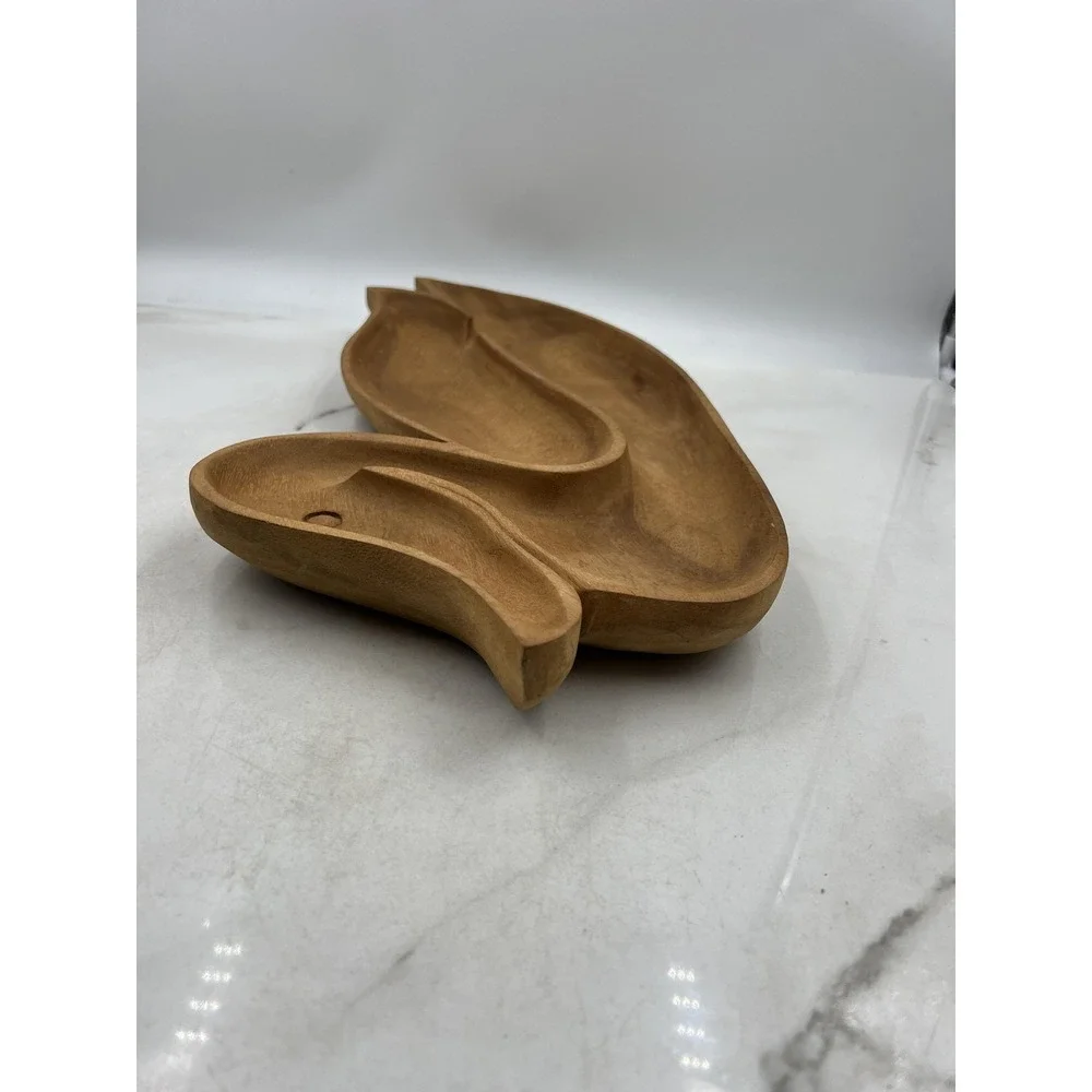 Vintage Wooden Duck Serving Tray 3 Section Nut Dish Hand Carved Philippines Wood